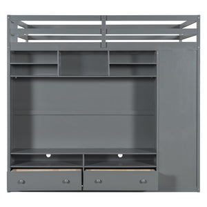 English Elm Full Size Loft Bed with Led Lighting Wardrobe Drawers and Shelves for Teen Rooms Gray LT000499AAE