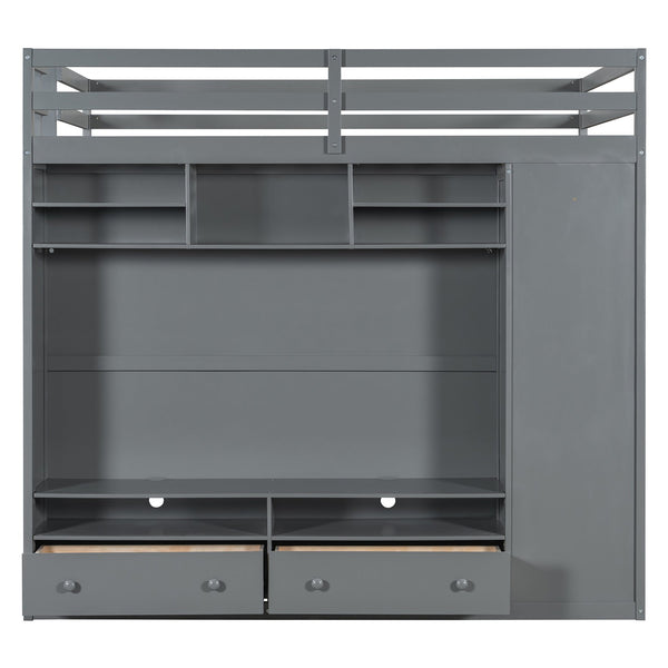 English Elm Full Size Loft Bed with Led Lighting Wardrobe Drawers and Shelves for Teen Rooms Gray LT000499AAE