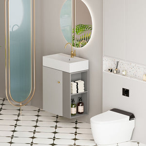 English Elm 21.6" Floating Vanity with Ceramic Sink Soft-close Cabinet and Open Shelves in Grey W1573S00093
