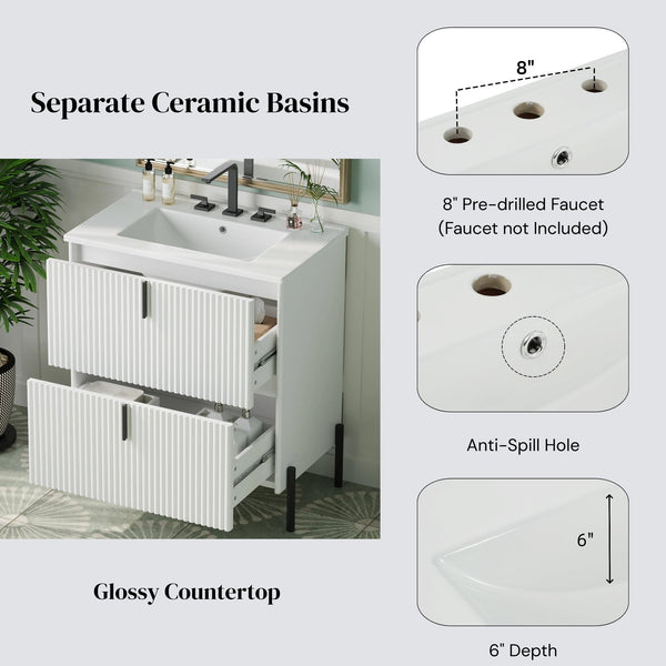 English Elm Christopher Knight Home® - 30" Freestanding Bathroom Vanity With Fluted Design, Ceramic Sink & Soft-Close Drawers For Style N817P288931W