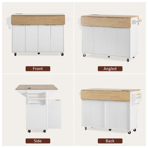 English Elm K&k Fluted Rolling Kitchen Island Faux Marble Top Power Outlet Storage Drawers White N707P353934W