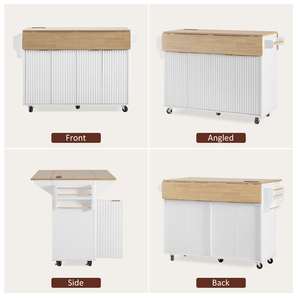 English Elm K&k Fluted Rolling Kitchen Island Faux Marble Top Power Outlet Storage Drawers White N707P353934W
