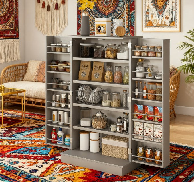 English Elm Nordic Rattan Door Buffet Cabinet with Adjustable Shelf and Golden Hardware for Dining T3971P427754
