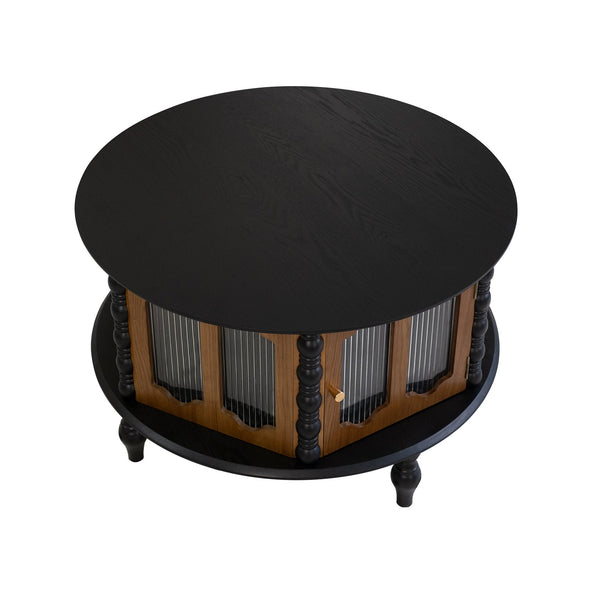 English Elm 31.5-inch Round Carved Wood Coffee Table Vintage Distressed Finish Living Room Accent W3935P406106