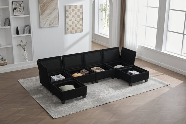 English Elm UNITED Modular 6-Seat Sectional Sofa with Removable Ottoman, Storage Compartments, Convertible Comfort Black W1568S00243
