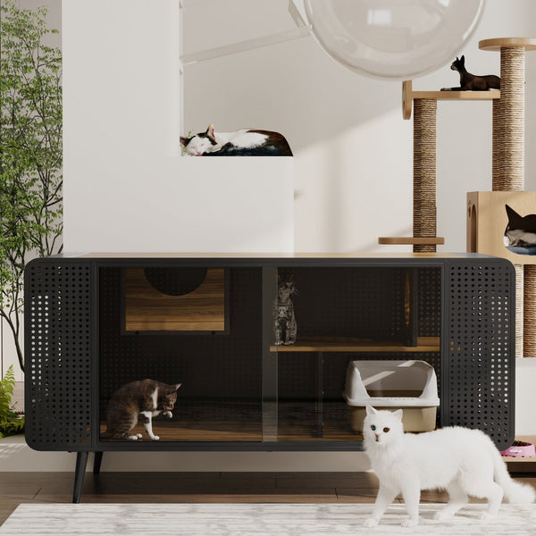 English Elm 55.12 Inch Fir Wood Iron Frame Cat Enclosure with Tempered Glass Doors for Home W757119335