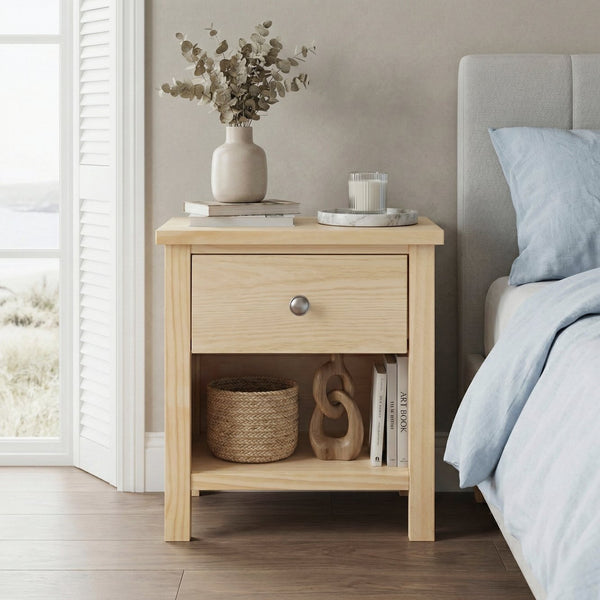 English Elm 1-drawer Nightstand Open Cubby Natural Pine Wood Bedside Table for Farmhouse Bedroom B011P473067