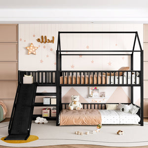 English Elm Full Metal House Bunk Bed with Slide Storage Stairs and Safety Rails for Kids W1580S00344