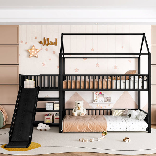 English Elm Full Metal House Bunk Bed with Slide Storage Stairs and Safety Rails for Kids W1580S00344