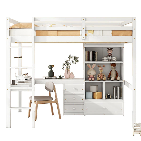 English Elm Full Size Loft Bed With Integrated Desk, Storage Shelves, Drawers & Safe Ladder - Stylish & Space-Saving W504S00161