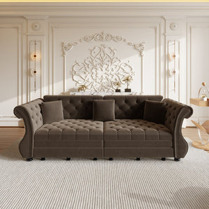 English Elm 97.6" Oversized Velvet Chesterfield Sleeper Sofa Floral Tufted Roll Arm Living Room Couch Brown W1885S00399
