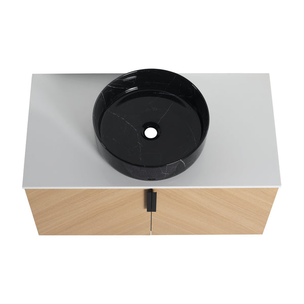 English Elm 36" Modern Wall-Mounted Bathroom Vanity With Ceramic Vessel Sink & Soft-Close Doors, Light Oak Finish W999S00452