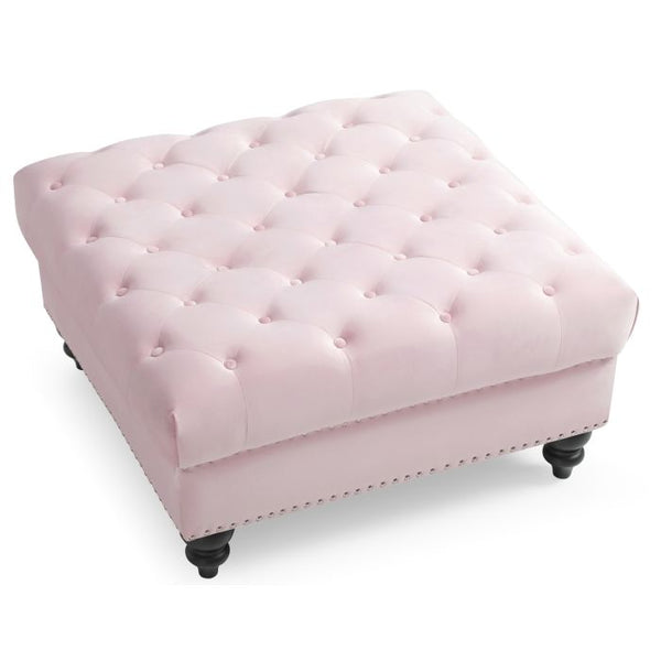 English Elm Charming Pink Velvet Ottoman, 19"H x 35"W x 35"D, Durable Two-Seater Accent Seat for Stylish Living Spaces B078107875