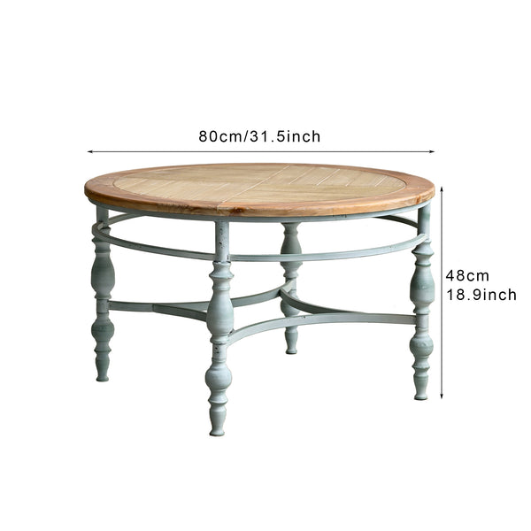 English Elm 31.50" Hand-carved Distressed Wood Round Coffee Table with Metal Legs for Living Room W3933P379162