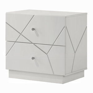 English Elm Ultra White High-Gloss Nightstand with 2 Soft-Glide Drawers, Embossed Lines & Silver Knobs, 23"W x23"H B2741P408964