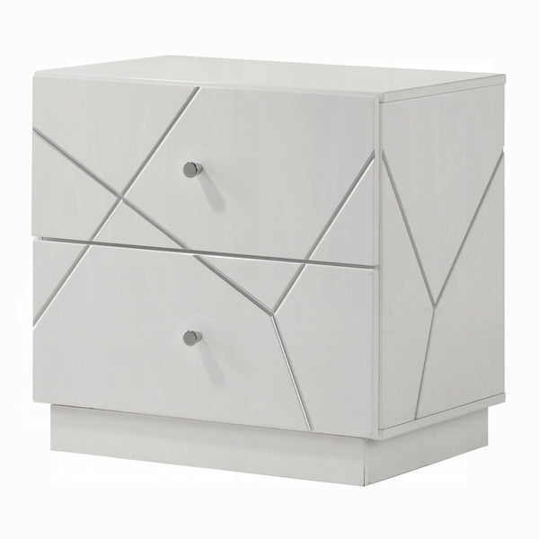 English Elm Ultra White High-Gloss Nightstand with 2 Soft-Glide Drawers, Embossed Lines & Silver Knobs, 23"W x23"H B2741P408964