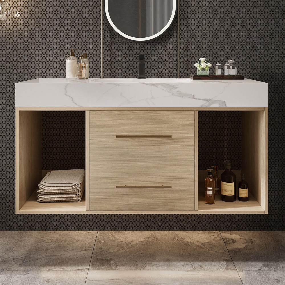 English Elm 39.4 Inch Floating Bathroom Vanity Sintered Stone Top Solid Wood 2 Soft Close Drawers W3136S00030