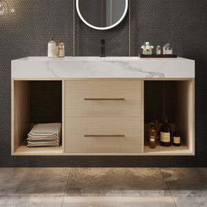 English Elm 39.4 Inch Floating Bathroom Vanity Sintered Stone Top Solid Wood 2 Soft Close Drawers W3136S00030