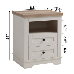English Elm Farmhouse Rustic Nightstand with 2 Drawers and Open Shelf, Sturdy Wood-End Table for Bedroom Charm White+Oak 22.44 L x 20.79 W x 6.89 H W3151P264505