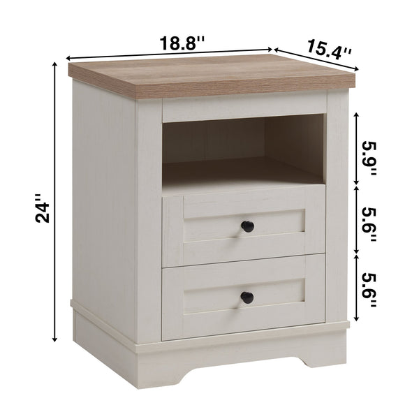 English Elm Farmhouse Rustic Nightstand with 2 Drawers and Open Shelf, Sturdy Wood-End Table for Bedroom Charm White+Oak 22.44 L x 20.79 W x 6.89 H W3151P264505