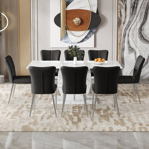 English Elm Table Modern Marble Pattern Dining Set - 71"X35.4" Tempered Glass Table With 8 Stylish Black Chairs W1151S02126-GIGA