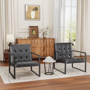 English Elm Accent Modern Upholstered Chair with Ottoman Black PU Linen, Plush Cushion, Metal Frame, Versatile Comfort for Living Room Office Bedside W578P357514