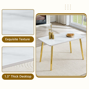 English Elm Table and Chair Set Marble Glass Top Gold Legs with Four Pu Leather Dining Seats W1151S04634
