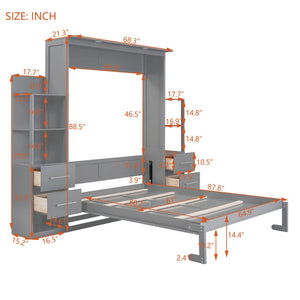 English Elm Queen Murphy Wall Bed with Led Lighting Open Shelves Drawers Space Saving Cabinet Gray LP000566AAE-3