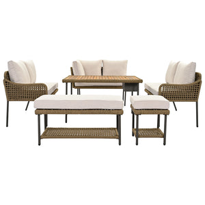 English Elm K&K 6-Piece Rope Patio L-Shaped Sectional Set with Acacia Wood Ice Box Table and Deep Cushions Beige+Brown N707S000014Z