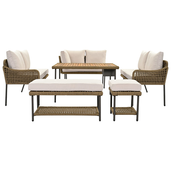 English Elm K&K 6-Piece Rope Patio L-Shaped Sectional Set with Acacia Wood Ice Box Table and Deep Cushions Beige+Brown N707S000014Z