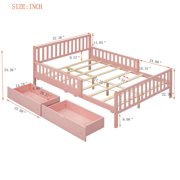 English Elm Full Wood Platform Bed with Headboard, Guardrails & Underbed Storage Drawers – Sturdy Pine Frame, 450LB Capacity Pink 78.25 L x 18.5 W x 6 H N733P172700H
