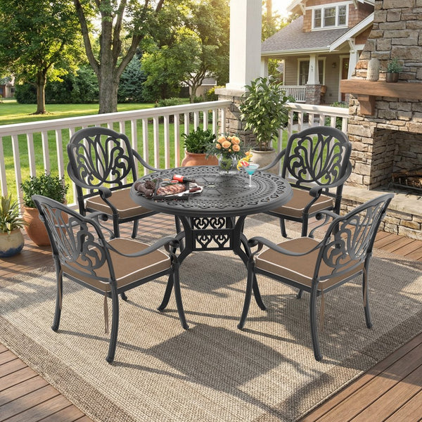 English Elm 5-piece Cast Aluminum Outdoor Dining Set with Carved Relief Chairs and Cushioned Seats W1710S00546