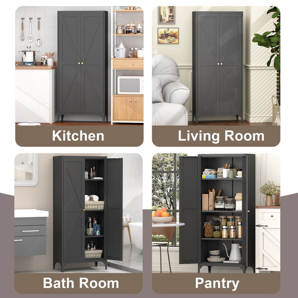 English Elm [metal Adjustable] Tall Steel Pantry Cabinet with Gold Handles and Four Shelves for Any Room Black T3625P366650