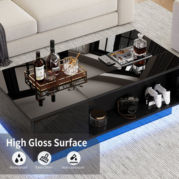 English Elm Coffee Table with Led Lighting Bluetooth Speaker Wireless Charging and Faux Marble Top T3773P417345