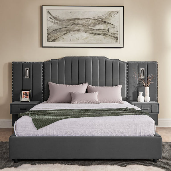 English Elm Queen Velvet Platform Bed with Tufted Headboard Integrated Nightstands and Striped Design Gray W487S00443