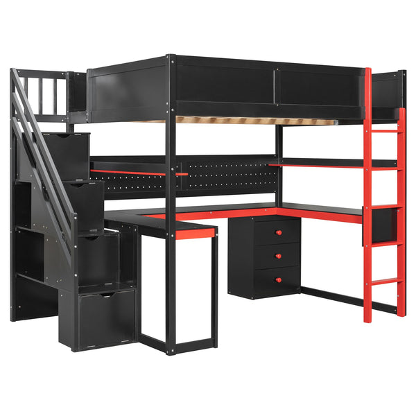 English Elm Full Size Gaming Loft Bed with Led Lighting Desk Shelves and Usb Charging Ports N820S00071J