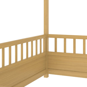 English Elm Twin House Frame Floor Bed with 20" High Fence, Solid Pine Roof, Sturdy 48x48mm Frame for Safety and Fun W1858P310084