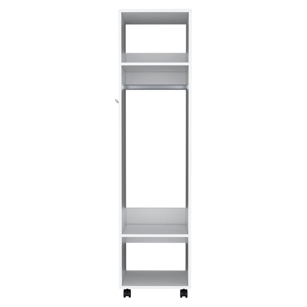 English Elm Armoire 63"H With 3 Shelves & Integrated Mirror On 4 Wheels - Stylish White Storage Solution B097P250842