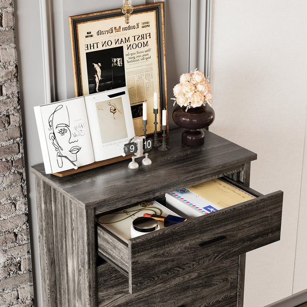 English Elm 4PCS Queen Bedroom Set with Storage Headboard & Built‑In Charging Station, 2 Nightstands, Dresser Antique Gray 54.25 L x 18.75 W x 9.25 H N733S307937A