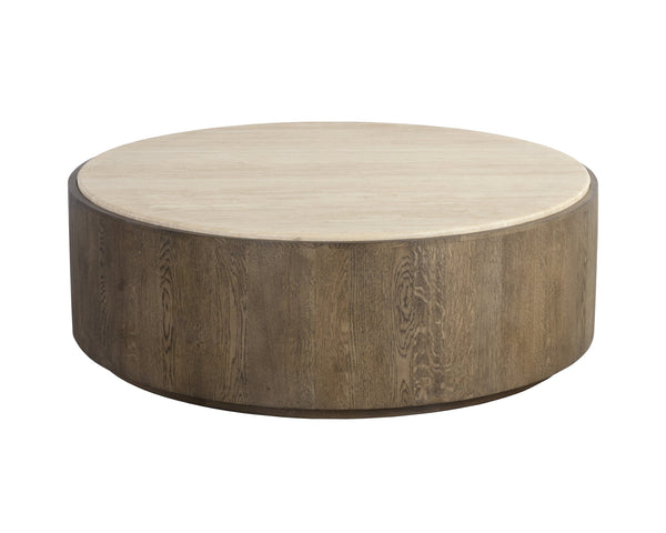 Sunpan Oberon Coffee Table – Handcrafted Round Design with Solid Travertine Top and Oak Veneer Base Small - W x 48D x 16.25H