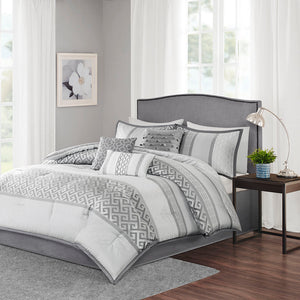 JLA Home Madison Park - 7 Jacquard Comforter Set with Faux-Silk Bed Skirt, Striped & Geometric Textures for Hotel-Style Luxury 90 L x 90 W x 1.5H MP10-2418