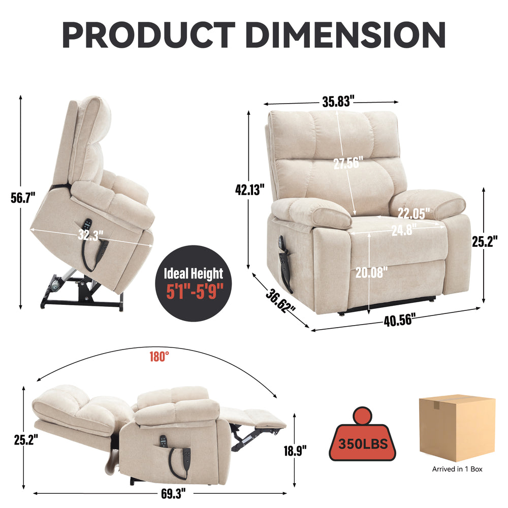 English Elm Beige Chenille Power Lift Recliner Dual Motor Massage Heat 350 Lb Capacity Beige W1803P264021