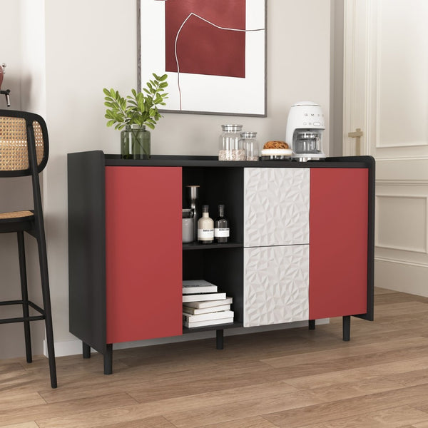 English Elm Sideboard Buffet Cabinet - Modern Black & Red Storage Solution With Drawers & Open Shelves For Style W409P176598-GIGA