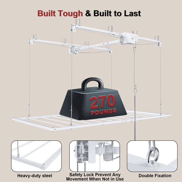 English Elm Overhead Garage Storage Rack with Crank Lift 270lb Steel Platform for High Ceilings W2700P346224