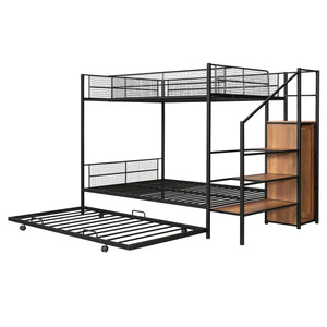 English Elm Twin Metal Bunk Bed with Trundle, Lateral Storage Ladder & Wardrobe | Space-Saving Durable Design Black SF000173AAB