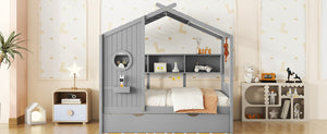 English Elm Wooden Twin House Bed with Trundle and 3 Back Shelves, Pine Frame Playful Loft Design for Kids Gray 41.7 L x 16.25 W x 6 H N733S316110E