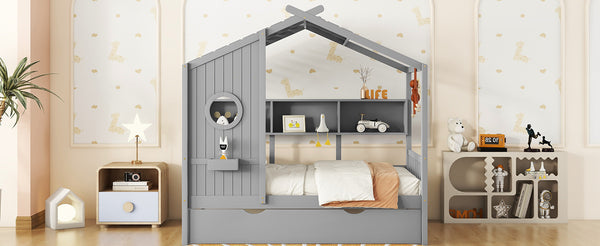 English Elm Wooden Twin House Bed with Trundle and 3 Back Shelves, Pine Frame Playful Loft Design for Kids Gray 41.7 L x 16.25 W x 6 H N733S316110E