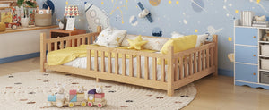 English Elm Twin House Bed with Roof and Guardrails, Low Floor Kids Playhouse Bed with Tent and Lights, Cozy Design Natural 80.91 L x 15.55 W x 6.5 H W2593P296911