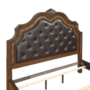 English Elm Formal King Bed With Upholstered Headboard - Dark Brown Sleigh Design, Intricate Carvings, Luxurious Comfort B011S02040