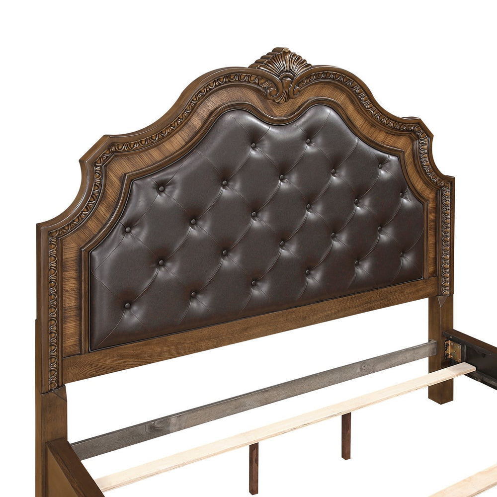 English Elm Formal California King Bed With Elegant Upholstered Headboard & Intricate Wood Carvings - Luxurious Design B011S02039
